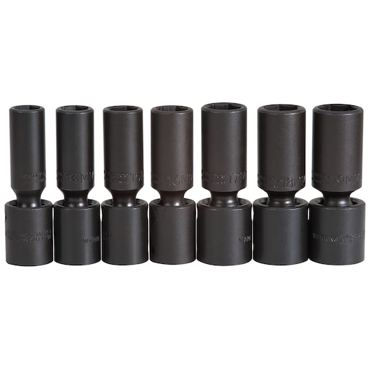 PROTO J72147M 7-piece black impact socket set, deep length, shown upright in a row, white background.