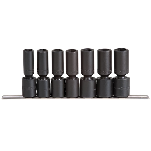 PROTO J72147M 7-piece black metric deep impact socket set on rail, photography, front angle, white background.