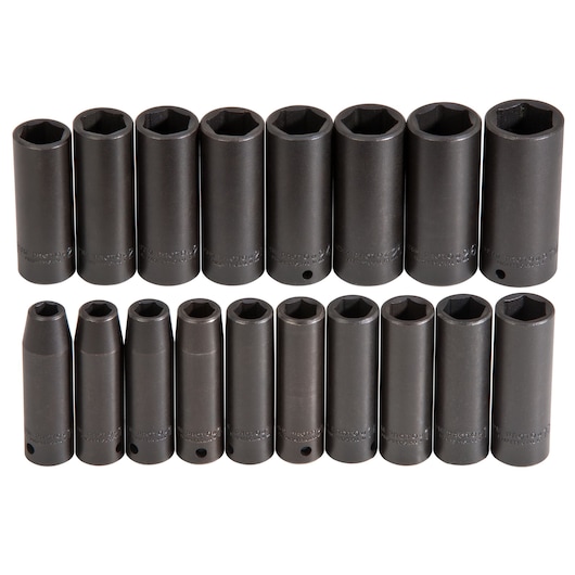 PROTO J72149M 15-piece deep impact socket set, black finish, hex design, photography on white background.