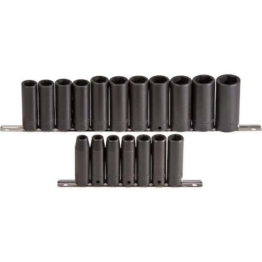 PROTO J72149M black socket set arranged on two metal rails, shown from front on white background.