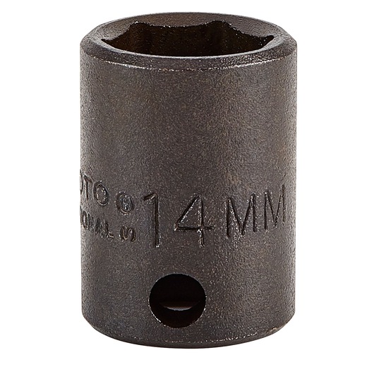 PROTO J7214M 14mm impact socket, black steel, front angle, industrial finish.