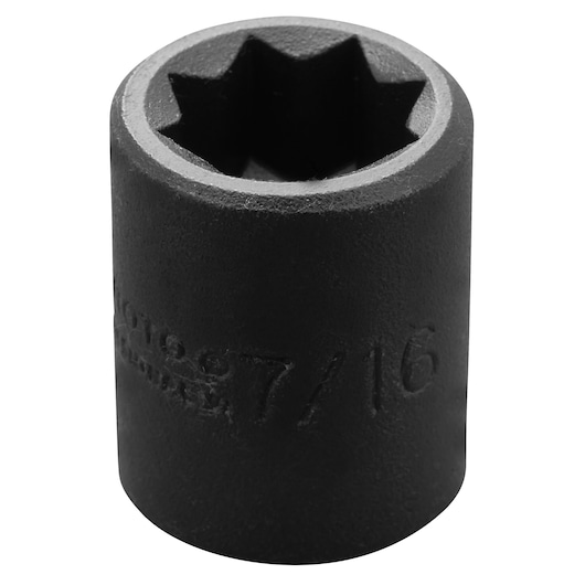 PROTO J7214S black 7/16 inch impact socket, six-point design, upright angle on white background.