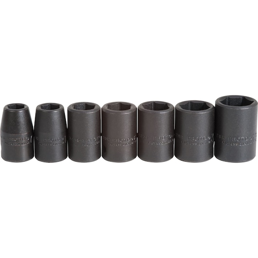 PROTO J72157 impact socket set, seven black sockets lined up, photographed on white background, front angle.