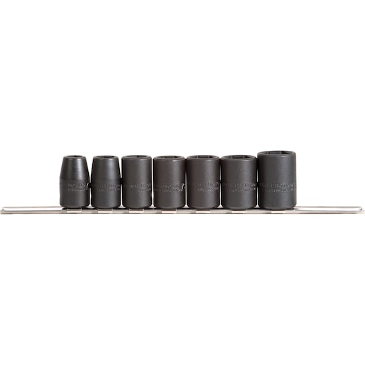 PROTO J72157 impact socket set, seven black sockets arranged on metal rail, front angle on white background.