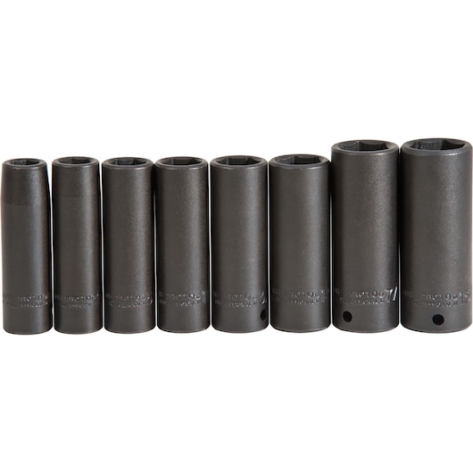 PROTO J72159 deep impact socket set, 8 pieces, black finish, product lineup front view on white background.