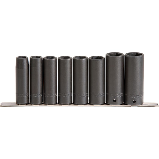 PROTO J72159 deep impact socket set, eight black sockets on a silver rail, front angle, white background.