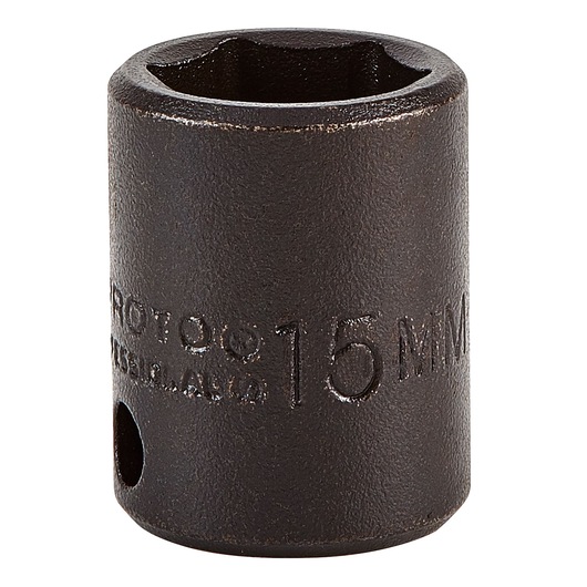 PROTO J7215M black 15mm impact socket front angle on white background.