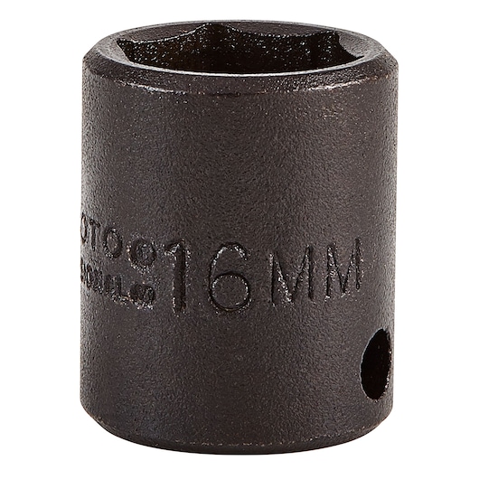 PROTO J7216M black 16mm impact socket, product front angle, photography on white background