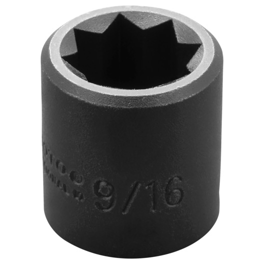 PROTO J7218S black 9/16-inch impact socket photographed at an angle on white background.