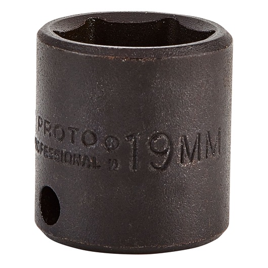 Photo of PROTO J7219M 19mm impact socket, black finish, front angle, tool accessory on white background.