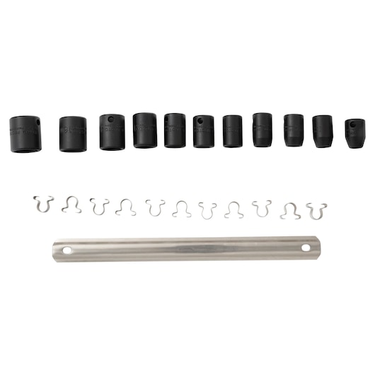 PROTO J72202 socket set with ten black impact sockets, metal clips, and metal rail, top-down view on white background.