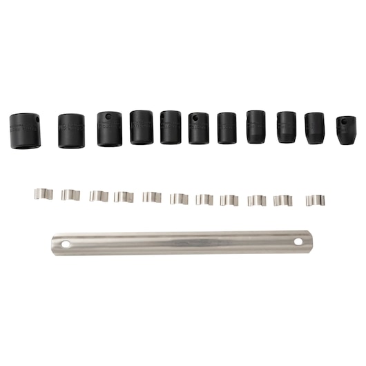 PROTO J72202 socket set with eleven black impact sockets, metal rail, and metal clips, top-down view on white background.