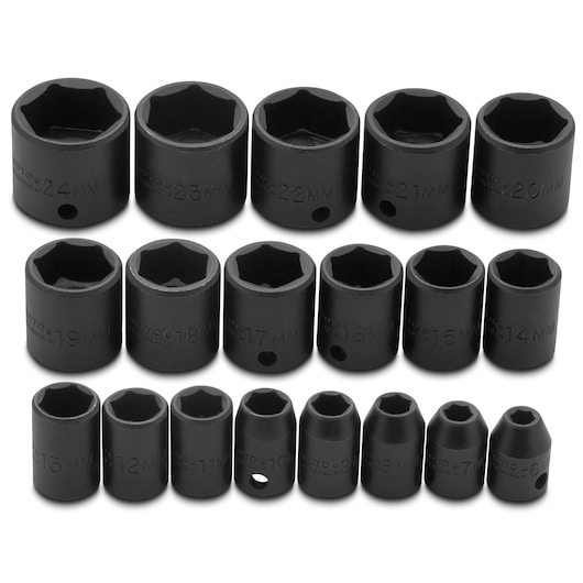PROTO J72206 black 6-point metric impact socket set with sizes from 6mm to 24mm, front angle, white background.