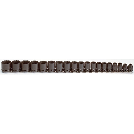Photo of PROTO J72206 socket set, 19-piece, black finish, shown in a row on white background.