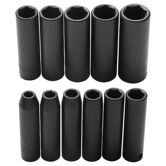 PROTO J72212 deep impact socket set, 12-piece, black, shown from front angle on white background.