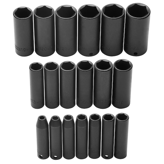 PROTO J72216 metric impact socket set, black finish, three rows, front angle on white background.