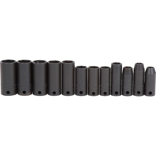 PROTO J72217 black 12-piece deep impact socket set, metric sizes, straight front view on white background.