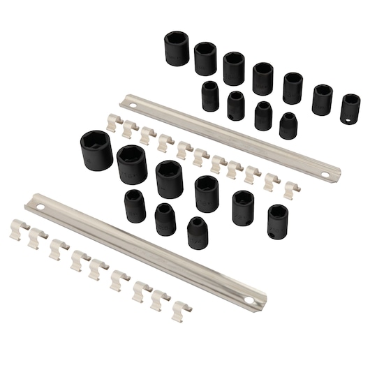 PROTO J72220 socket set with black sockets and two metal rails with clips, photography on white background.