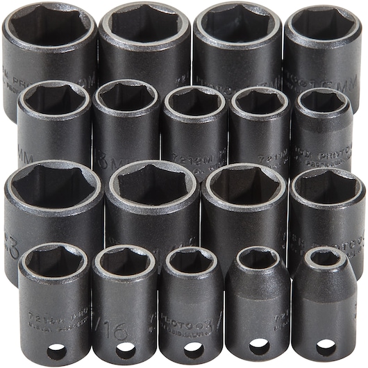 PROTO J72230 socket set, 15-piece, matte black, hexagonal openings, top view, tool accessories.