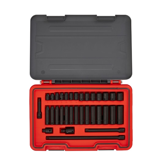 PROTO J72233IM socket set in a red and black case, assorted sockets and extensions visible, top-down angle.