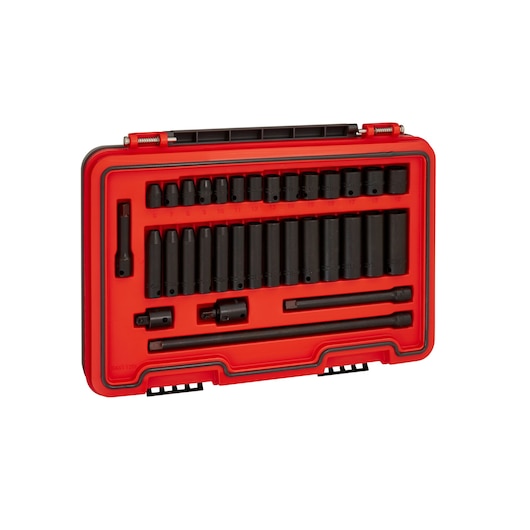 PROTO J72233IM impact socket set with black sockets and accessories organized in a red hard case, angled view.
