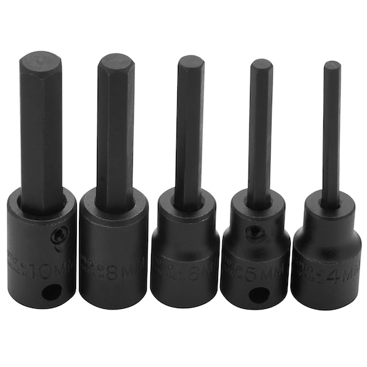 Photo of PROTO J72252 hex bit socket set, five black hexagonal sockets in various sizes, front view on white background.