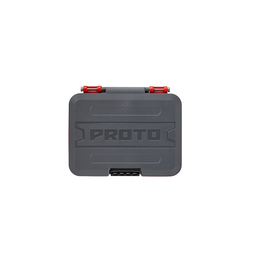 Photo of PROTO J72323IM tool case, gray with red hinges, closed, front angle on white background.