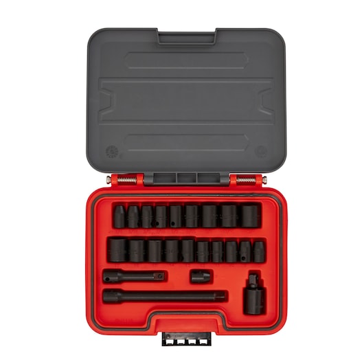 PROTO J72323IM socket set in a red case with various black sockets and drive accessories, top-down view.