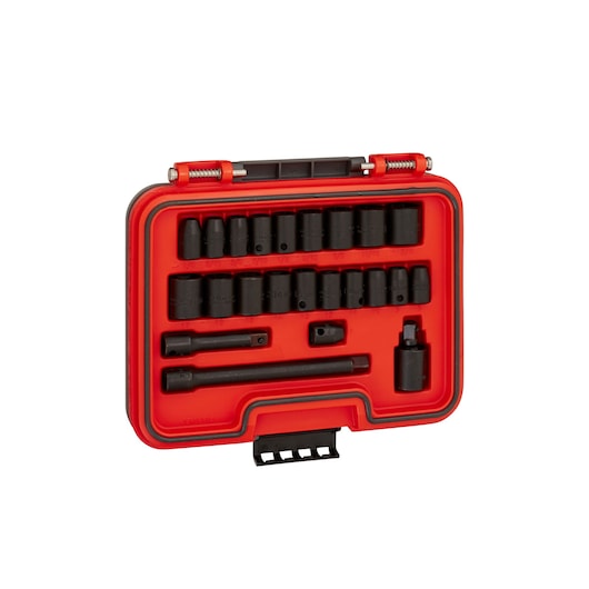 PROTO J72323IM socket set in a red hard case, various black sockets and accessories organized inside, angled view.
