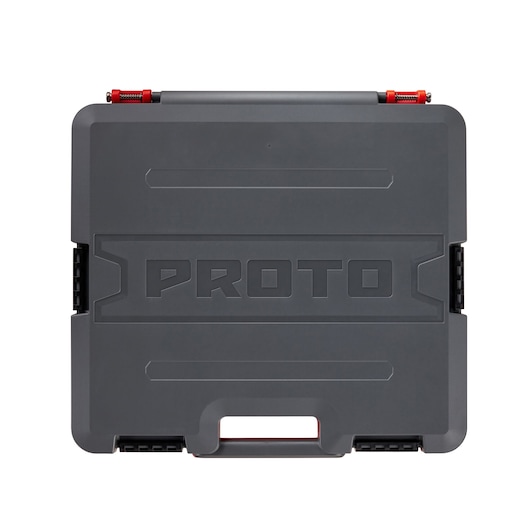 PROTO J72358IM dark gray hard plastic tool case with embossed logo, red latches, front angle on white background.