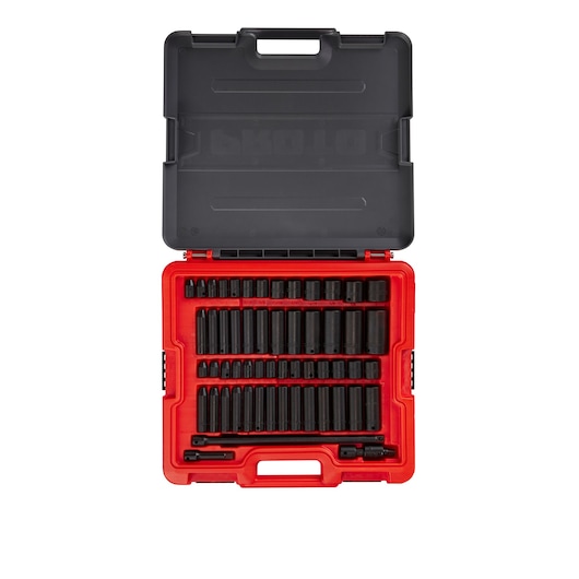 PROTO J72358IM socket set with black sockets organized in red carrying case, top-down photo on white background.