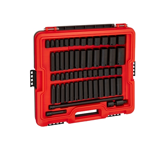 PROTO J72358IM socket set with multiple black sockets in a red hard case, front angle on white background.