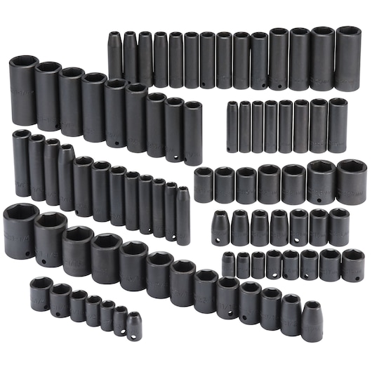 PROTO J7274 socket set with multiple sizes arranged on white background, showing deep and shallow impact sockets.