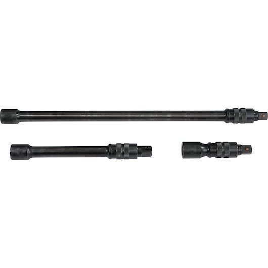 Photo of PROTO J7277L socket extension set, three black metal pieces shown on white background, straight-on angle.