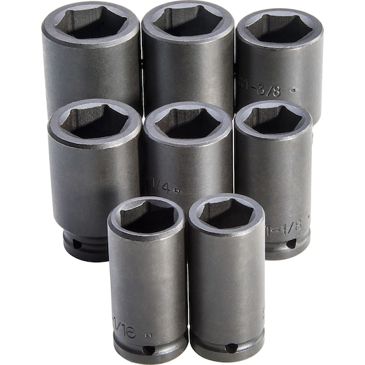 PROTO J73102 socket set, black finish, front angle, eight pieces arranged on white background.