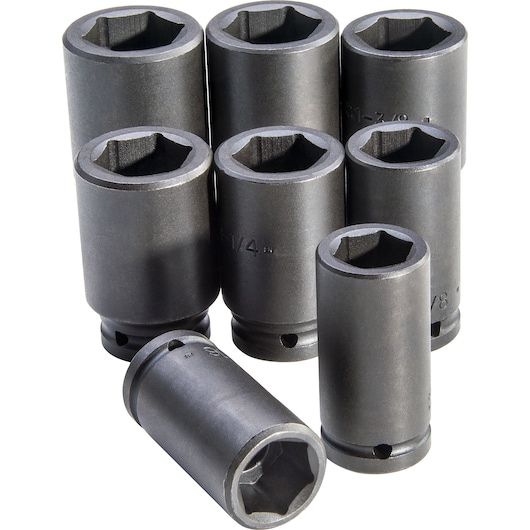 PROTO J73102 photography of black impact socket set, eight pieces, front angle, on white background.
