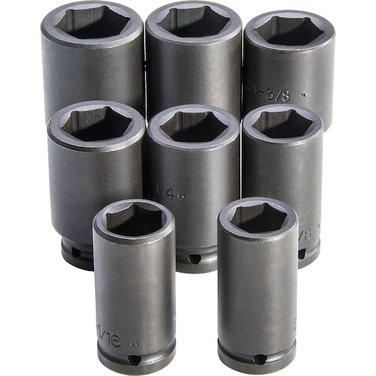 Photo of PROTO J73102 impact socket set, eight black metal sockets arranged upright, white background.