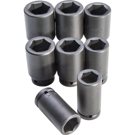 PROTO J73102 socket set, eight black hex sockets, photography on white background