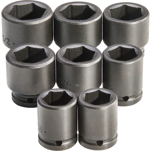 PROTO J73103 socket set, photography of eight black six-point impact sockets, front angle, white background.