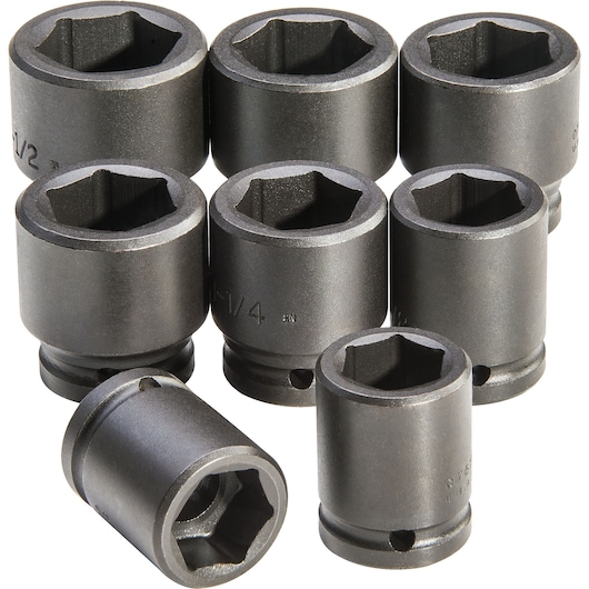 PROTO J73103 impact socket set, eight black hex sockets arranged in group, front angle on white background.
