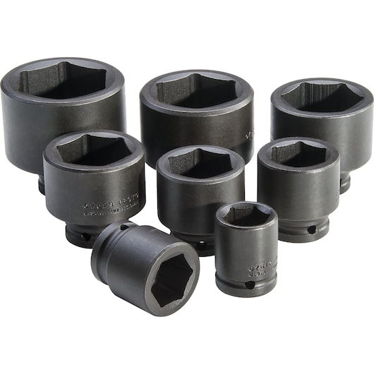 PROTO J73104 black impact socket set, various sizes, photography with white background.