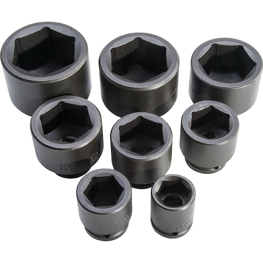 PROTO J73104 impact socket set, eight black hexagonal sockets arranged on white background, top angle.