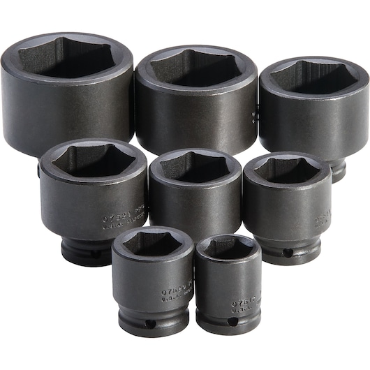 PROTO J73104 impact socket set photography, eight black sockets arranged front view on white background.