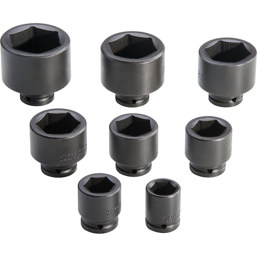 PROTO J73104 set of eight black impact sockets, hex design, photography on white background.