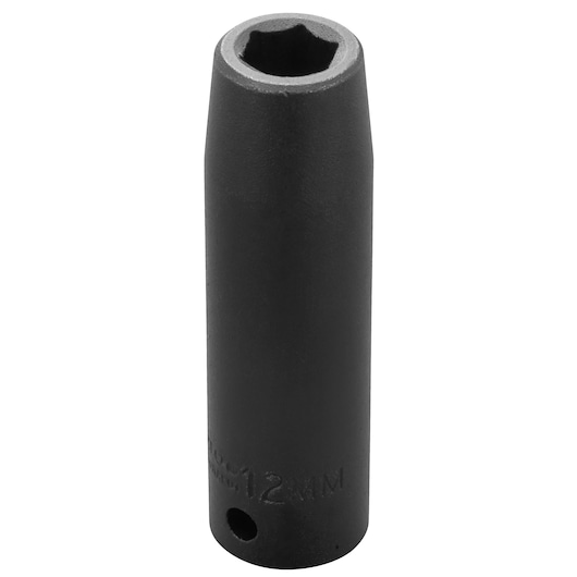 Photo of PROTO J7312M black 12mm deep impact socket, shown upright on white background.