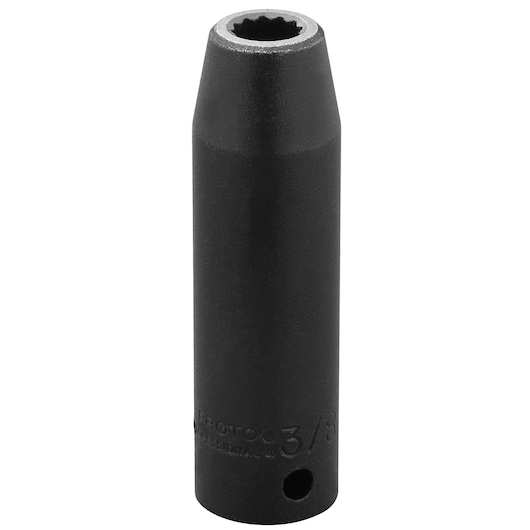 PROTO J7312 black 3/8-inch impact socket, cylindrical design, front angle on white background.