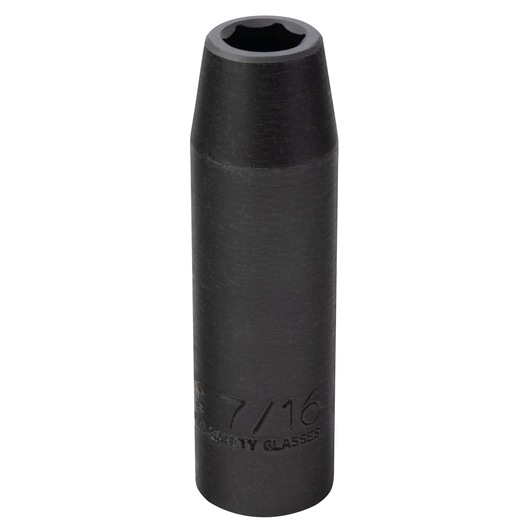 PROTO J7314HT black 7/16-inch deep socket, cylindrical, front angle, on white background.