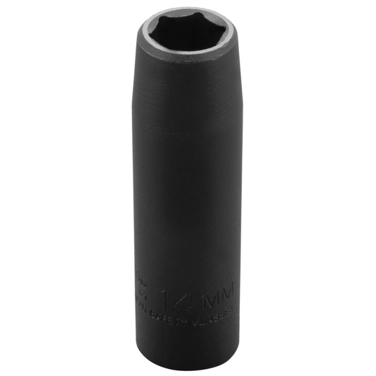 PROTO J7314MHT black 14mm deep impact socket, cylindrical, front angle on white background.