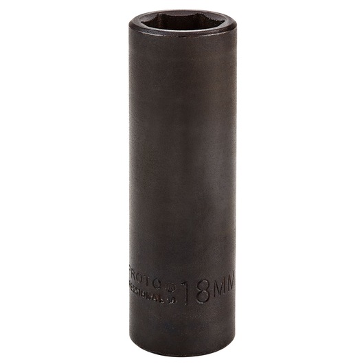 PROTO J7318M deep 18mm impact socket, black finish, vertical front angle on white background.