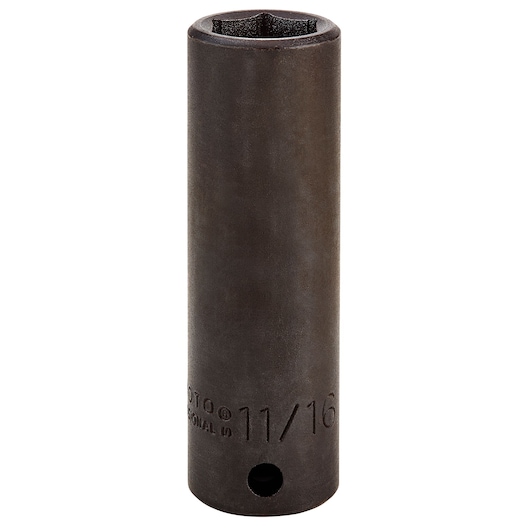 PROTO J7322H deep impact socket, black finish, 11/16 inch size, vertical angle, on white background.
